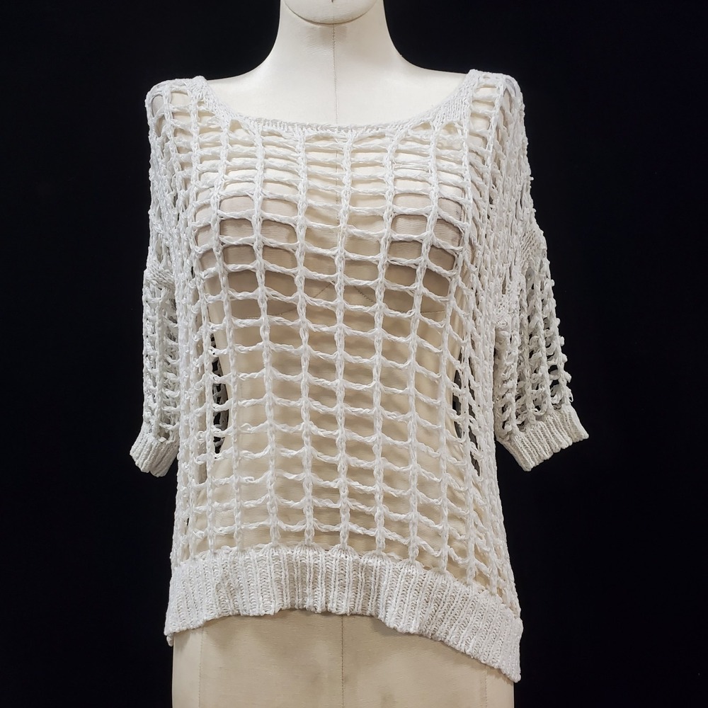 Body Central Womens Open Knit Y2K 90s Half Sleeve Top Size‎ M White Boxy Grunge
